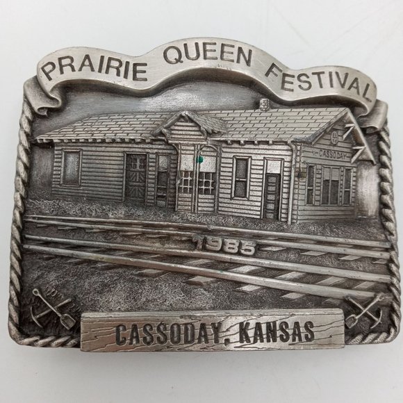 ATSF Train Depot Belt Buckle Cassoday KS 1985 Prairie Queen Festival Vintage - Picture 5 of 10